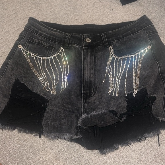 Ripped Black Fringed High waisted rhinestone shorts - Picture 2 of 4